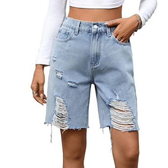 Women's Mid Rise Distressed Denim Bermuda Shorts, Frayed Hem Knee Length Jean Shorts With Ripped Det