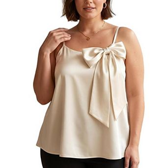 Plus Size Satin Cami, Spaghetti Strap Front Bow Flowy Loose Office Layering Camisole