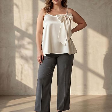 Plus Size Satin Cami, Spaghetti Strap Front Bow Flowy Loose Office Layering Camisole