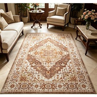 Vintage Boho Area Rug Machine Washable Mark Resistant Woven Carpet for Living Room Bedroom Office