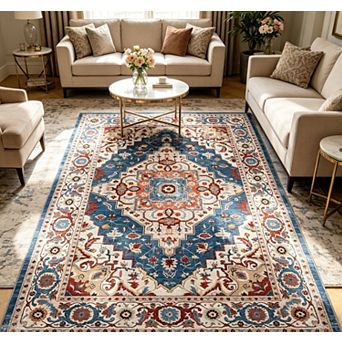 Vintage Boho Area Rug Machine Washable Mark Resistant Woven Carpet for Living Room Bedroom Office