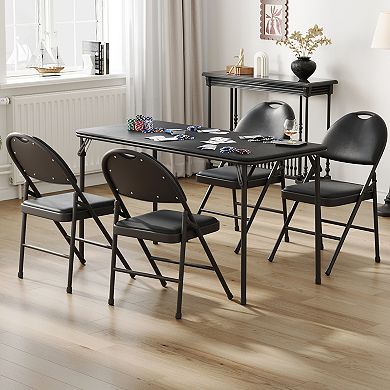 5-Piece Folding Dining Table and Chair Set with PU Leather Seats, Space-Saving Design, Metal Frame