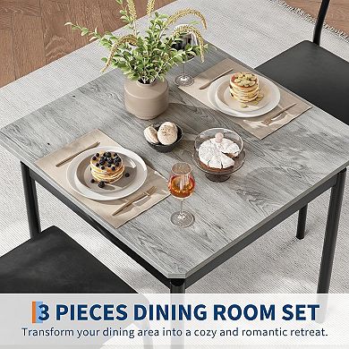 3 Piece Dining Table for 2 Wooden Table & PU Upholstered Chairs with Industrial Frame