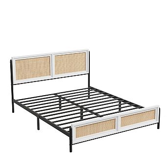 Bed Frame with Rattan Headboard and Footboard Wooden Platform Bed No Box Spring Needed Noise Free