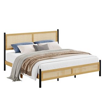Rattan Platform Bed Frame, Wood Headboard with Black Metal Legs and Under Bed Storage for Bedroom