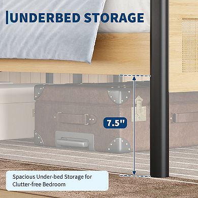 Rattan Platform Bed Frame, Wood Headboard with Black Metal Legs and Under Bed Storage for Bedroom