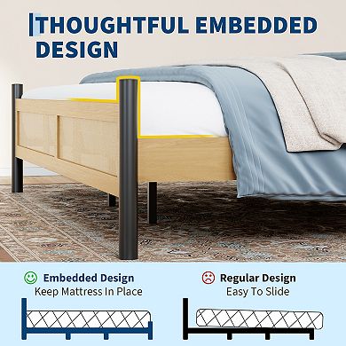 Rattan Platform Bed Frame, Wood Headboard with Black Metal Legs and Under Bed Storage for Bedroom