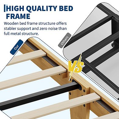 Rattan Platform Bed Frame, Wood Headboard with Black Metal Legs and Under Bed Storage for Bedroom