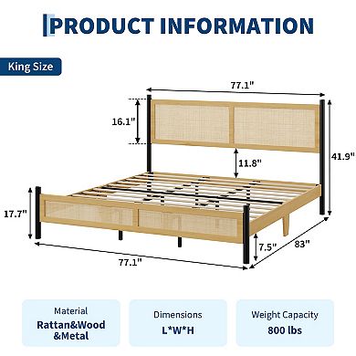Rattan Platform Bed Frame, Wood Headboard with Black Metal Legs and Under Bed Storage for Bedroom