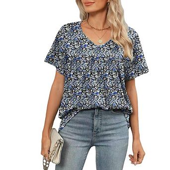 Women's Print V Neck Babydoll Blouse Short Puff Sleeve Loose Casual Tunic Top