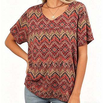 Women's Print V Neck Babydoll Blouse Short Puff Sleeve Loose Casual Tunic Top