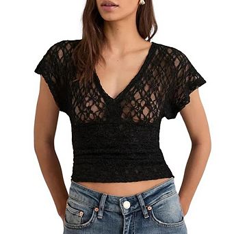 Women's Open Crochet Lace V Neck Shirt Cap Sleeve Smocked Waist Cropped Sheer Layering Casual Top