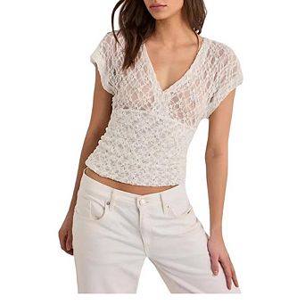 Women's Open Crochet Lace V Neck Shirt Cap Sleeve Smocked Waist Cropped Sheer Layering Casual Top