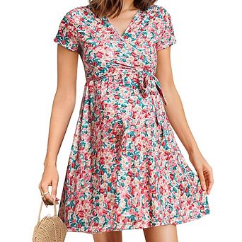 Women's Floral Maternity Wrap Mini Dress Short Sleeve V Neck Side Tie Flared Skirt