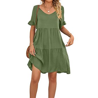 Ruffle Sleeve Midi Dress for Women Casual v Neck Summer Sundress with Pockets