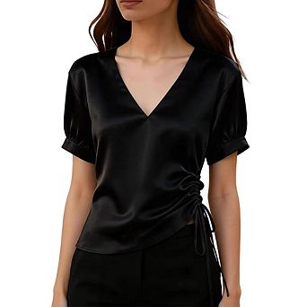 Women's Satin V Neck Shirt Blouse Short Puff Sleeve Side Drawstring Ruched Asymmetric Hem Casual Top