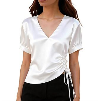 Women's Satin V Neck Shirt Blouse Short Puff Sleeve Side Drawstring Ruched Asymmetric Hem Casual Top