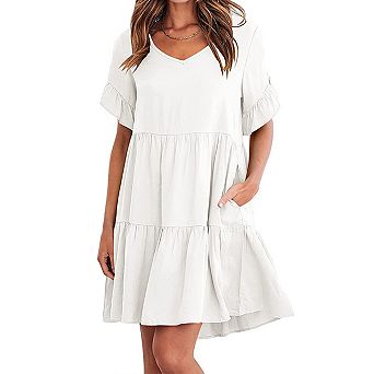Ruffle Sleeve Midi Dress for Women Casual v Neck Summer Sundress with Pockets