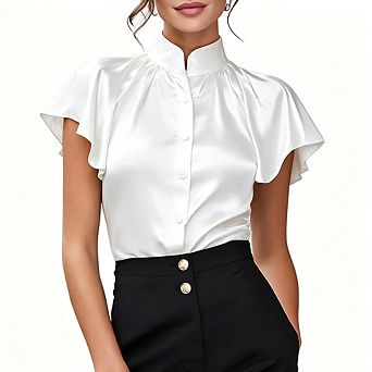 Women's Satin Collar Blouse Flutter Cap Sleeve Front Button Slim Fit Dressy Work Mandarin Shirt