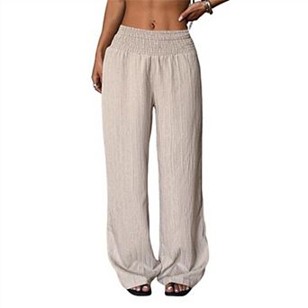 Women's Classic High Waist Wide Leg Trousers, Elastic Smocked Waist Textured Loose Casual Pants