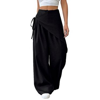 Women's Classic Wrap Wide Leg Trousers, High Waist Side Tie Draped Loose Full Length Pants