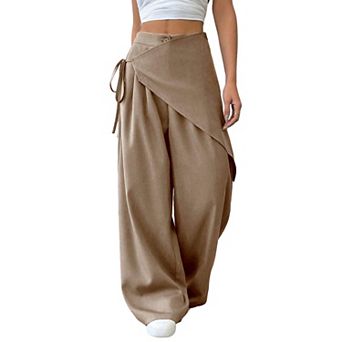 Women's Classic Wrap Wide Leg Trousers, High Waist Side Tie Draped Loose Full Length Pants