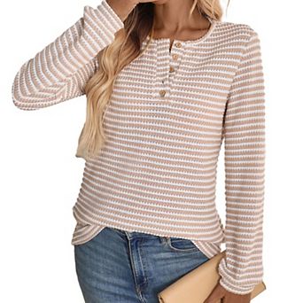 Women's Classic Striped Waffle Knit Top, Round Neck Partial Button Long Sleeve Modest Casual Shirt