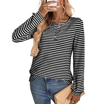 Women's Classic Striped Waffle Knit Top, Round Neck Partial Button Long Sleeve Modest Casual Shirt
