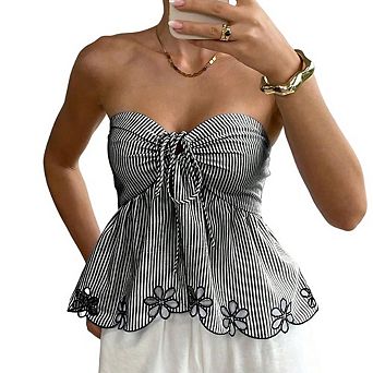 Women's Striped Strapless Peplum Tube Shirt Front Tie Floral Embroidery Scalloped Hem Casual Top