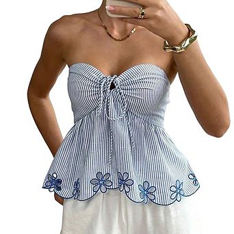 Women's Striped Strapless Peplum Tube Shirt Front Tie Floral Embroidery Scalloped Hem Casual Top