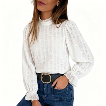 Women's Classic Eyelet Knit Blouse, Lace Trim Mock Neck Long Sleeve Modest Casual Shirt