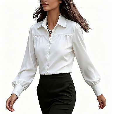 Women's Classic Collared Button Down Shirt, Gathered Chest Balloon Sleeve Modest Casual Blouse