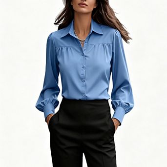 Women's Classic Collared Button Down Shirt, Gathered Chest Balloon Sleeve Modest Casual Blouse