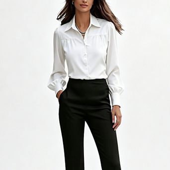 Women's Classic Collared Button Down Shirt, Gathered Chest Balloon Sleeve Modest Casual Blouse