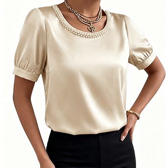 Women's Satin Pearl Crew Neck Bodysuit Short Puff Sleeve Elastic Cuff Elegant Dressy Base Layer Top