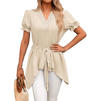 Women's Classic Lace V Neck Tunic Top, Belted Ruffle Sleeve Irregular Hem Modest Loose Blouse