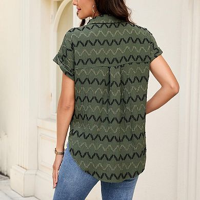 Women's Classic Wave Jacquard Button Down Shirt, Collared Rolled Short Sleeve Modest Casual Blouse