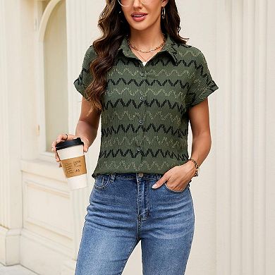 Women's Classic Wave Jacquard Button Down Shirt, Collared Rolled Short Sleeve Modest Casual Blouse