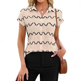 Women's Classic Wave Jacquard Button Down Shirt, Collared Rolled Short Sleeve Modest Casual Blouse