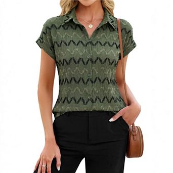 Women's Classic Wave Jacquard Button Down Shirt, Collared Rolled Short Sleeve Modest Casual Blouse