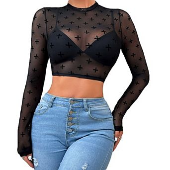 Women's Classic Sheer Mesh Layering Top, Mock Neck Long Sleeve Cropped Shirt With Cross Print