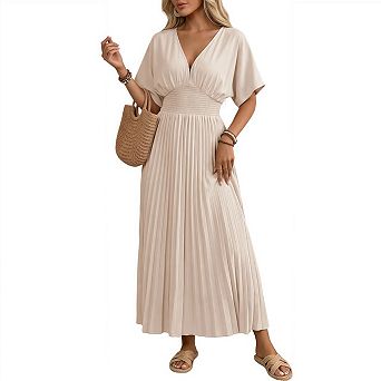 Women's Summer Maxi Pleated Dresses V Neck Flutter Sleeves Empire Waist Flowy Wedding Guest Outfits