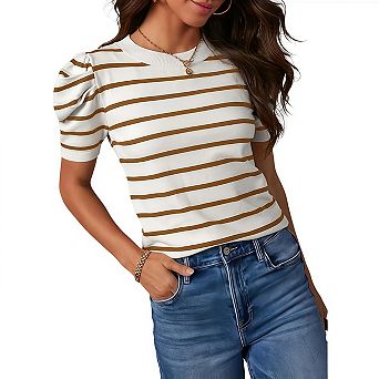 Short Puff Sleeve Sweaters for Women Trendy Crewneck Striped Casual Business Knit Tops T Shirts