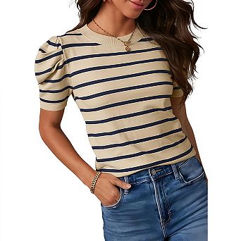 Short Puff Sleeve Sweaters for Women Trendy Crewneck Striped Casual Business Knit Tops T Shirts