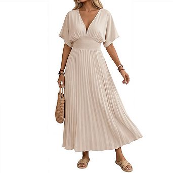 Women's Summer Maxi Pleated Dresses V Neck Flutter Sleeves Empire Waist Flowy Wedding Guest Outfits