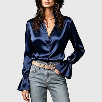 Satin Blouses for Women Silk Button Down Shirts Ruffle Long Sleeve Business Casual Tops