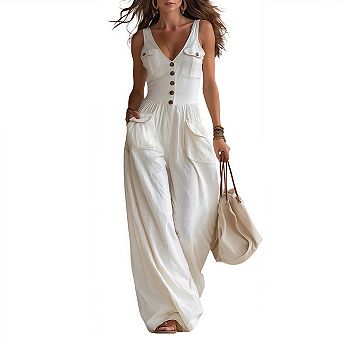 Women Button Down Jumpsuits Cotton Sleeveless Casual Wide Legs Rompers Overall with Pockets