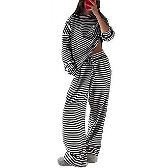Women's Striped 2 pc Lounge Set Casual Long Sleeve T-Shirt Drawstring Wide Leg Pants Pajamas Set