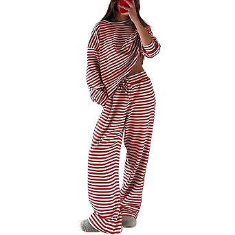 Women's Striped 2 pc Lounge Set Casual Long Sleeve T-Shirt Drawstring Wide Leg Pants Pajamas Set