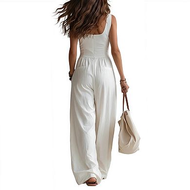 Women Button Down Jumpsuits Cotton Sleeveless Casual Wide Legs Rompers Overall with Pockets